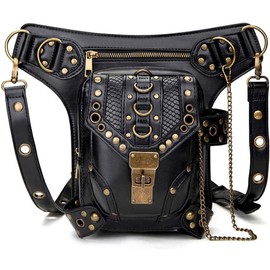 Steampunk - Riñonera de piel gótica para hombro, bandolera, bandolera, muslo, cadera, bolsa de viaje, senderismo, deporte, cadena para mujeres y hombres, Negro, Mediano,