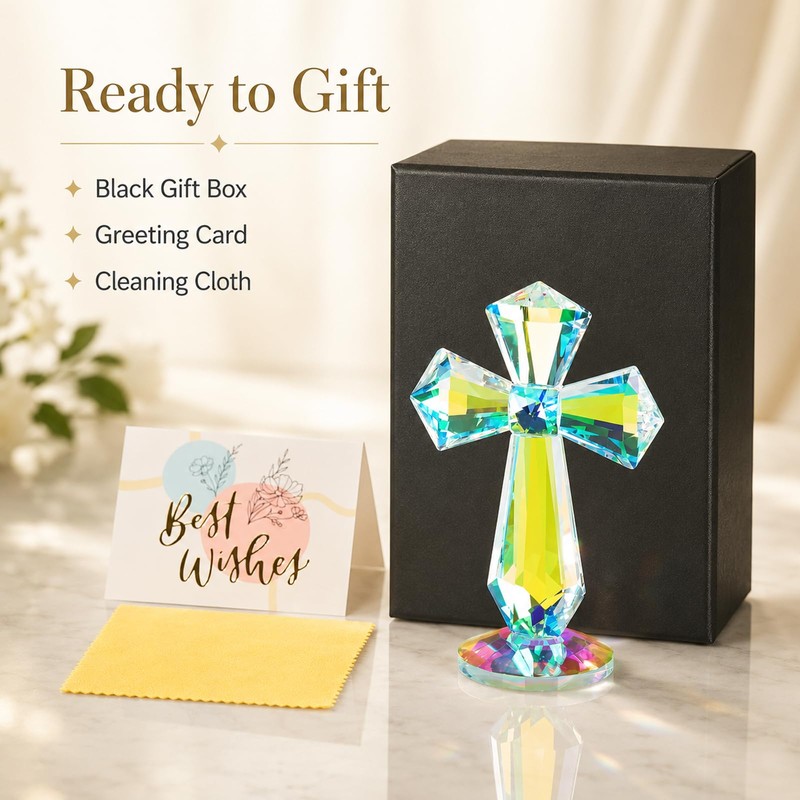 Zerelys K9 Crystal Cross Keepsake, Rainbow Prism Christian Gift