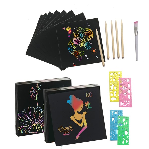 Scratch Pictures for Children, Rluobo 80 Sheets Rainbow Scratch Paper,