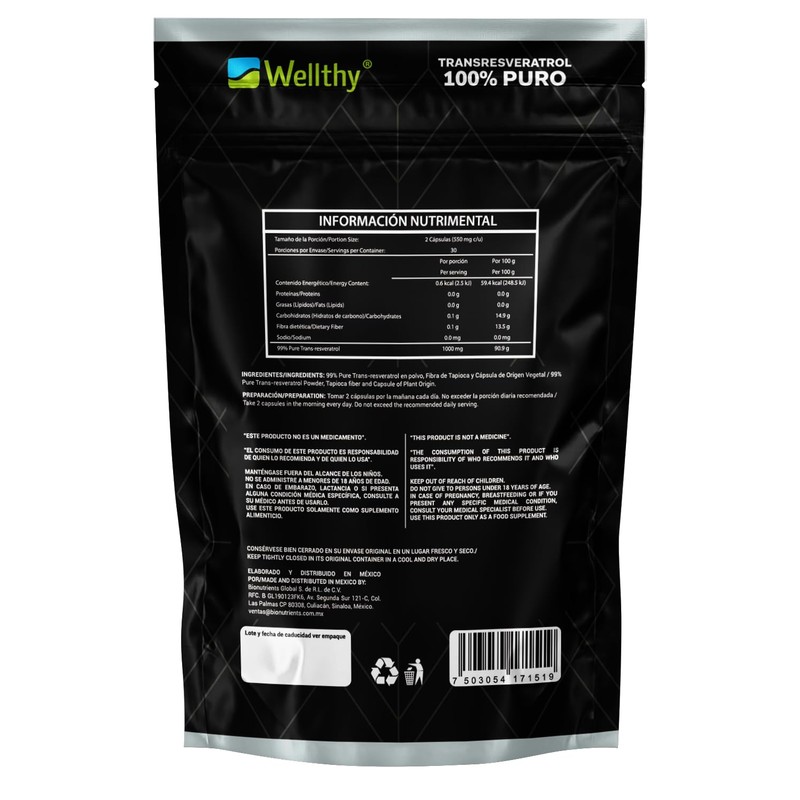 Wellthy Transresveratrol Puro 60 Cápsulas. Resveratrol de alta biodisponibilidad, 1000mg