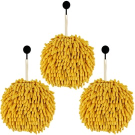 MEETSWEET Fuzzy Ball Hand Towels,Chenille Quick Dry，Set of 3, 7.4in (Yellow)