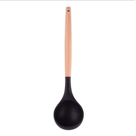 Silicone Soup Ladle - with Wooden Handle, Non-Stick Cookware Heat Resistant Kitchen Utensil (Black)