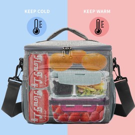 FlowFly Insulated Reusable Lunch Bag Adult Large Lunch Box for Women and Men with Adjustable Shoulder Strap,Front Zipper Pocket and Dual Large Mesh Side Pockets,Grey
