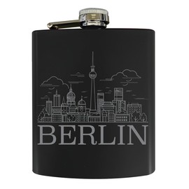R and R Imports Berlin Germany Souvenir 7 oz Engraved Steel Flask Matte Finish Black Single