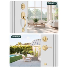 EHOMEWARE Gold Front Door Handle and Deadbolt Set, 1 Pack Exterior Door Lock Set, Keyed Different Entry Door Handle, Satin Brass Finish, Wave Door Lever for Left/Right Handed Doors
