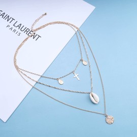 Inilbran Boho Layered Disc Coin Necklace Gold Crucifix Cross Pendant Necklace Vintage Jesus Christ Crucifix Necklace Retro Cauri Shell Necklace Jewellery for Women and Girls