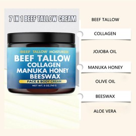 Beef Tallow Collagen Manuka Honey Beeswax, Natural Beef Tallow Moisturizer for Skin, 7 in 1 Grass-fed Tallow and Manuka Honey Cream for Face, Body