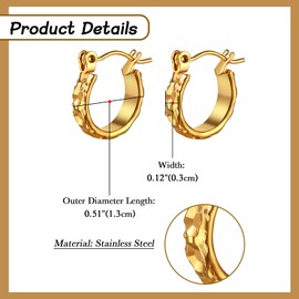 JewelryWe Women's Gold Hoop Earrings: Ladies Small Chunky Hypoallergenic Thick Lightweight Stainless Steel Engraved Pattern Delicate Stud Earrings