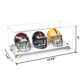 Better Display Cases Acrylic Three Mini - Miniature Football Helmets (not Full Size) Display Case with Clear Case, Gold Risers and White Base 19.25" x 8.25" x 8" (V47/A103)