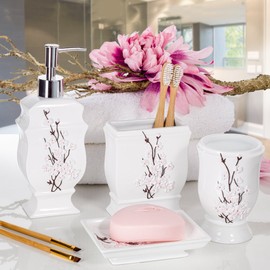 Creative Scents Vanda Bathroom Set - Cherry Blossom White Bathroom Accessories Set - 4 Piece Floral Bathroom Soap Dispenser Set Includes: Lotion Dispenser, Toothbrush Holder, Tumbler & Soap Dish