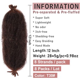 12 Inch Short Soft Springy Afro Twist Hair 8 Packs Pre-Separated Long Spring Twsit For Soft Locs Dark Brown Marley Twist Crochet Braiding Synthetic Hair Extension For Women (8 Strands/Pack,T30#)