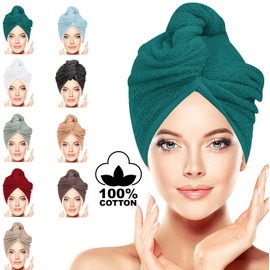 LUXURY Hair Towel Wrap 100% Cotton, Instant Drying Lightweight Turban Cap Super Quick Absorbent Anti-Frizz Twist Toweling Dry Hat with Button Loop for Long Curly Hairs, 62CM x 23CM Teal Single