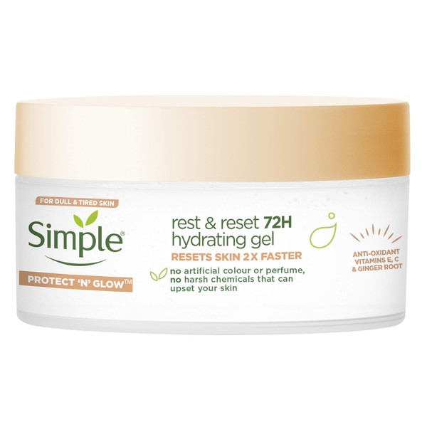 Simple Protect 'N' Glow Rest and Reset 72h Hydrating Gel cruelty-free, vegan moisturiser to enhance glowing skin 50 ml