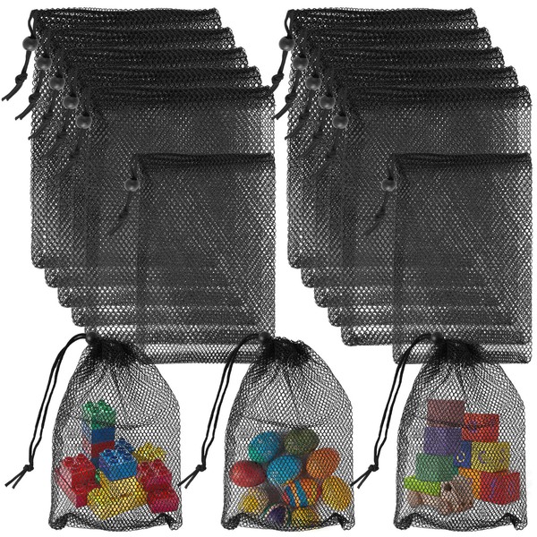 Pack of 12 Small Mesh Bags with Drawstring and Clip, Black Mesh Bag, Nylon Bag, Robust Mesh Bag, Small Travel Stacking Bag, Mesh Storage, Ditty Bag for Sports, Swimming, Beach, Travel, Gym, black