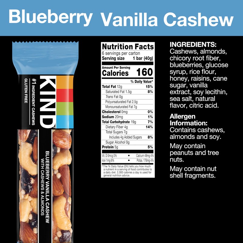 KIND Bars, Blueberry Vanilla Cashew, Healthy Snacks, Gluten Free, 5g