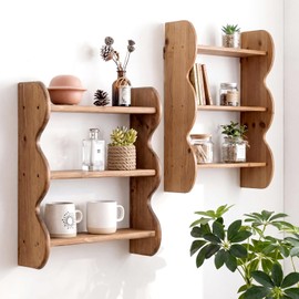 Cinnvoice 2 Pcs Solid Wood Wall Shelf 3-Tier Rustic Floating Shelves Wall Mounted Storage Rack Farmhouse Decorative Hanging Storage Shelf for for Bedroom Living Room Bathroom Kitchen