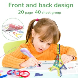 3D Printing Pen Drawing Book Spiral Bound with Transparent Template, 40 Patterns Reusable Painting Graffiti Template, Ideal DIY Gift for Kids Include Animal Transportation House Building Food