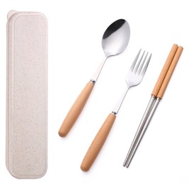 YuanVQuanWee Cutlery Set, Stainless Steel, Chopsticks, Fork, Spoon, Cutlery Set, Dinnerware Set, Compact, Wooden Handle, Storage Case Included, For Travel, Easy Operation, Portable, Durable, 3-Piece Set