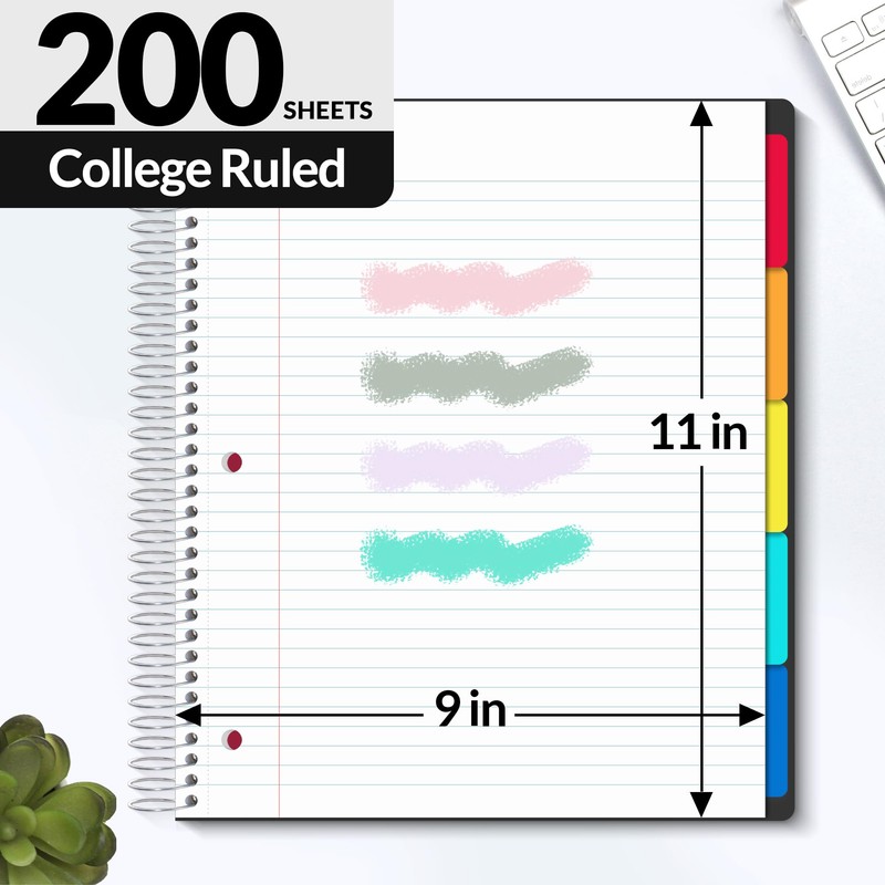 SUNEE 5 Subject Notebook College Ruled - 400 Pages, 9"x11",