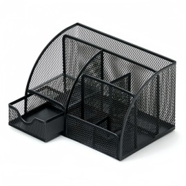 NBBENG Mesh desk organiser, Versatile Stationery Storage Desktop Organiser Pen Holder with Drawer, Stationary Organiser for School Home Office desktop supplies (Black)