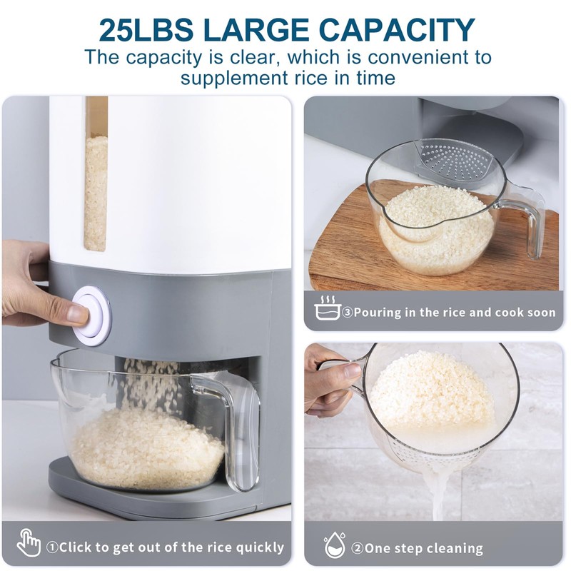 Rubtlamp 22.5-25 Lbs Gray Rice Dispenser, Rice Container with Lid,