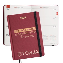TOBJA Pocket Calendar 2025 A6 Red - 1 Week 2 Pages, Robust Hard Cover, Pocket Calendar 2025, Small, Holidays & Holidays, 2 Ribbon Bookmark & Elastic Band, Calendar 2025 A6 [Red]