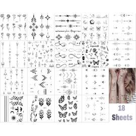 YJHAT 18 Sheets Black Minimalist Temporary Tattoos, Butterfly Flower Heartbeat Ins Style Waterproof Matte Body Art Stickers, Unisex Decor for Party Festival Beach Daily Wear Wrist Neck Ankle