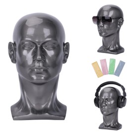 Male Mannequin Head – 13.7” Silver Gray PVC Wig Stand for Hats, Wigs, Glasses – Sturdy, Easy-to-Clean Display for Salon or Home Use