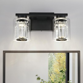 kudos 2-Light Bathroom Light Fixtures, Crystal Vanity Light, Black Bathroom Vanity Light, Modern Led Wall Light for Bathroom, 3000K/4000K/5000K Adjustable, KDVL08-BK-2