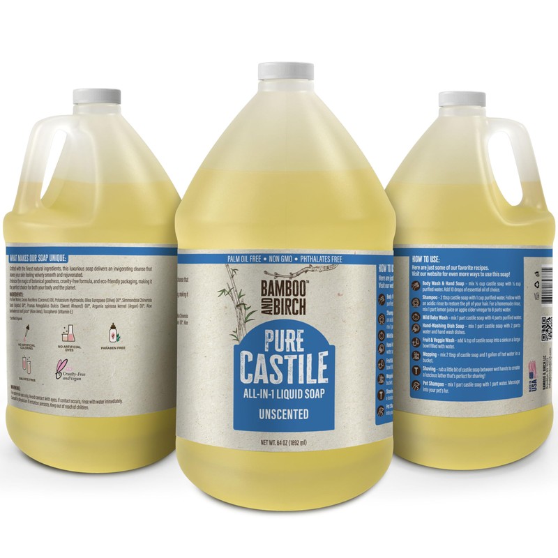 BAMBOO AND BIRCH Pure Castile Soap Liquid, Certified Palm Oil