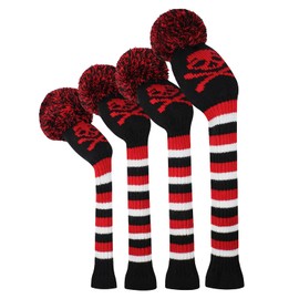 Scott Edward Knit Golf Club Covers with a Fluffy Pom Set of 4 Mysterious and Dangerous Red Skull Head Design Driver Cover 1 Fairway Headcover 2 Hybrid/UT Head Cover 1