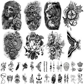 32 Sheets Temporary Tattoos Stickers, 8 Sheets Fake Body Arm Chest Shoulder Tattoos for Men Women with 24 Sheets Tiny Black Temporary Tattoos