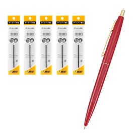 Bicジャパン Big CLG05-REDRF5 Ballpoint Pen, Click Gold, 0.5, Oil-based, Black, Smooth Red Base, Set of 5 Refills