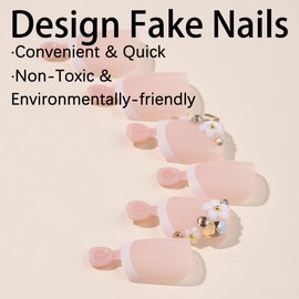 WLGDLH 24 Pcs White French Press on Toenails Short Square Fake Toe Nails Pink Toe Nail Press Ons with Flower Rhinestone Design Acrylic Full Cover Toe Nail Tips Press on Toenails for Women Manicure