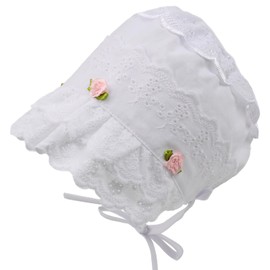 HOOLCHEAN Baby Girls 100% Cotton Bonnet Infant Soft Double Layer Sun Hat Lace Embroidery Floral Cap with Chin Strap, 3-6 Months White