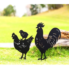 3 Pieces Garden Stakes Art Rooster, Hen And Animal Inserts, Garden Silhouette, Iron Hen Chicken Yard Art Decorative, Festival Party Art Sign Lawn Sidewalk Garden Decoration (Hickens Family)