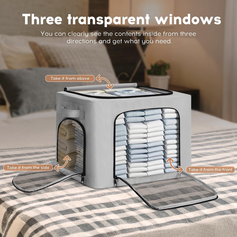 Graciadeco 3-Pack Clothes Organizer Bins with Metal Frame, Foldable 40L