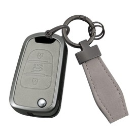 HIBEYO Folding Key Fob Cover Fit for Kia Flip Folding Accessories Leather&Alloy Smart Remote Auto Key Case Fit for Kia 2012-2014 Rio/2010-2013 Soul-C Keychain Gray