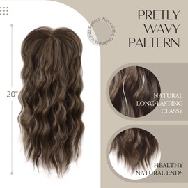 Hair Toppers for Women 20inch Chestnut Brown Wavy Curl Hair Toppers for Women Clip In Toppers Hair Pieces for Women with Thinning Hair Synthetic Hair Topper Wiglets with Fringe Bang