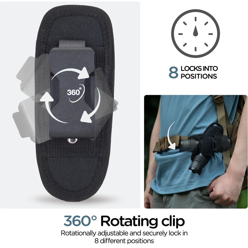 INGIDO Tactical Flashlight Pouch Holster, with 360 Degree Carabiner Reel