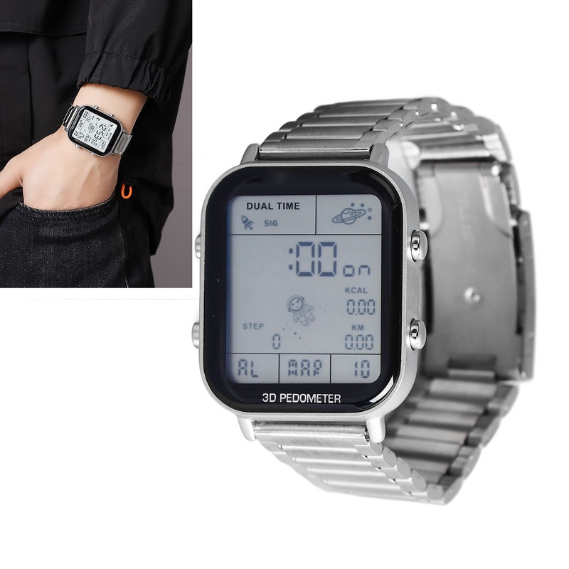 Men Led Digital Watch Creative Square Waterproof Backlight Pedometer Sports