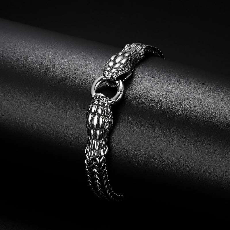 Klapgo Gothic Silver Snake Head Bracelet for Men