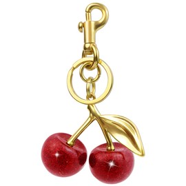 Quadafy 18K Gold Plated Cherry Keychain, Cherry Purse Charm Made of Metal Hardware and Glittering Resin, Cherry Charm, for Purse Charms, Handbag, Birthdays, Women's Gifts