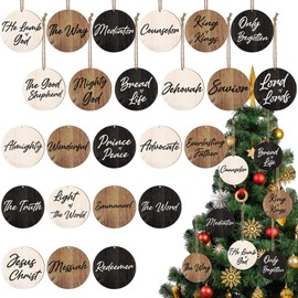 Names of Jesus Wood Christmas Ornaments Christmas Wood Slices with Savior Names Hanging Jesus Christ Ornaments Vintage Church Christmas Tree Decoration Religious Holiday Wedding (Elegant,48 Pcs)