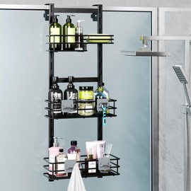 Orimade Over The Door Shower Caddy Adjustable 3 Tier Black,Bathroom Hanging Organizer Shelf Rustproof with 4 Hooks,Shower Basket with Soap Holder and Suction Cup