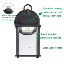 LIT-PaTH Dusk to Dawn Outdoor Wall Lantern, LED Wall Sconce, 3000K Warm White, 9.5W, 800 Lumen, Aluminum Housing Plus Glass, Outdoor Rated, 2-Pack, Black