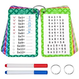 Multiplication Flashcards 0-12, 13 Pcs Multiplication Chart Math Flashcards, Multiplicar Math Game, Times Table Flash Cards with 2 Dry Erase Markers and 2 Rings for 1st to 3rd Grades