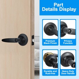 RAZCC RAZCC Privacy Door Levers, 3 Pack Matte Black Door Handles, Bed and Bath Door Locksets Heavy Duty Keyless Interior Handles, Reversible for Left Right Handed Doors