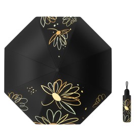 Meichoon UPF 50+ UV Protection Travel Umbrella Portable Compact 8 Ribs Lightweight Waterproof & Windproof Sunshade Stylish Simple Flower Design for Women for Hiking Backpacking Black