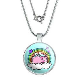 GRAPHICS & MORE Cute Unicorn Pig with Rainbow 1" Pendant with Sterling Silver Plated Chain